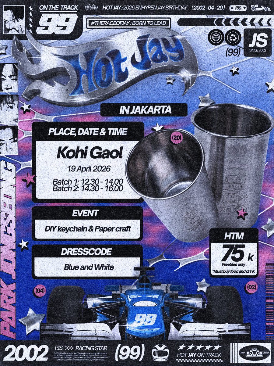 Bluejays_INA's tweet photo. 🏎️ CAFE EVENT JAKARTA 🏁

𝙃𝙊𝙏 𝙅𝘼𝙔 — #𝙏𝙝𝙚𝙍𝙖𝙘𝙚𝙊𝙛𝙅𝙖𝙮: 𝘽𝙤𝙧𝙣 𝙏𝙤 𝙇𝙚𝙖𝙙✨

𝐑𝐒𝐕𝐏 𝐎𝐏𝐄𝐍

🗓: 19th April, 2026
⏰: 12.30 - 14.00 WIB (Batch 1)
⏰: 14.30 - 16.00 WIB (Batch 2)
📍: Kohi Gaol Mayestik
📂: DIY Keychain & Papercraft
🎟: 75K (freebies only)
👗: Blue and White

𝑹𝒆𝒈𝒊𝒔𝒕𝒓𝒂𝒕𝒊𝒐𝒏 𝒉𝒆𝒓𝒆:
https://t.co/LgYBDVVU52 

⚠ 𝙇𝙄𝙈𝙄𝙏𝙀𝘿 𝙎𝙇𝙊𝙏𝙎

#TheRaceOfJay #BornToLead #HOTJAY #FullSpeedIntoJAYPRIL2026 #JAYPRIL2026 #ENHYPEN_JAY