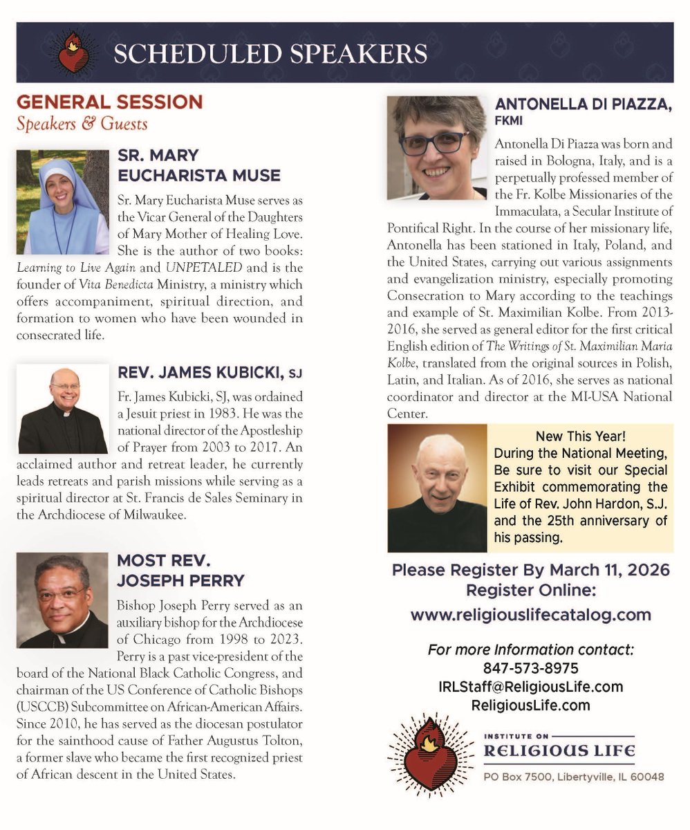 IRL_Vocations's tweet photo. You are invited to the Institute on Religious Life 2026 National Meeting, April 10 to 12 at the University of St. Mary of the Lake in Mundelein, IL. Registration is now open!  Please visit:  https://t.co/NCWItVie27 to register online, or call (847) 573-8975 to register/questions. https://t.co/aCBAJ5jsxT