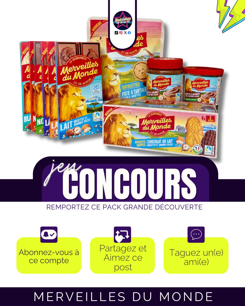 🎁 𝗝𝗘𝗨 𝗖𝗢𝗡𝗖𝗢𝗨𝗥𝗦🎁

Tentez de remporter ce magnifique pack des Merveilles du monde 😍

Composition : 6 variétés de tablettes de chocolat, 2 formats de pâtes à tartiner (dont un verre décoré à collectionner), 1 pack de biscuits animaux nappés et 1 de tartelettes à la