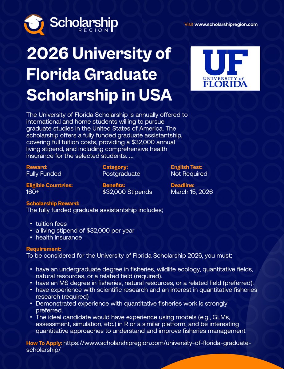 scholarsregion's tweet photo. Going Soon!

The deadline for these opportunities is fast approaching. Apply now.

1. University of Florida Graduate Scholarship in USA | Fully Funded
https://t.co/3cOmXwWCnF

2. EPFL Excellence Scholarship in Switzerland
https://t.co/BE84zdA8wm

3. University of Science and Technology Beijing (USTB) Scholarship 2026 | Fully Funded
https://t.co/pfacpJdWzw

4. University College London Mathematics Scholarships in UK 2026
https://t.co/0JQYZ5p1hT

5. Government of TaiwanICDF Scholarship For International Students 2026 (Fully Funded)
https://t.co/HcegmXp1sJ

6. Germany Robert and Christine Danziger Scholarship 2026
https://t.co/lRPjXXI9Ts