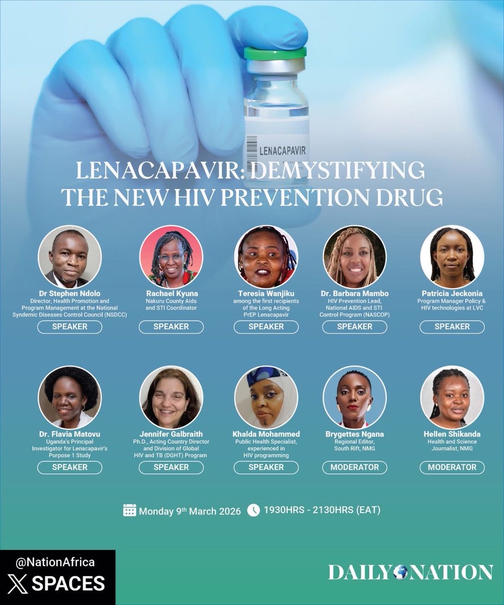 nsdcc_kenya's tweet image. Join us tonight for an X-space discussion on @NationAfrica from 7:30pm - 9:30pm where we will be demystifying Lenacapavir the new HIV invention. Link: zurl.co/|rHvD #Lenacapavir #HealthyNation #HIVPrevention