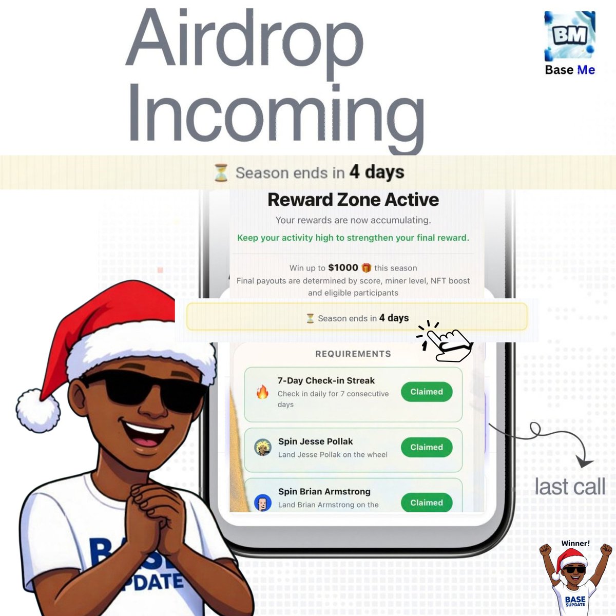 update003's tweet photo. 🚨 AIRDROP INCOMING 🚨

The countdown has officially started…
Only 4 days left before the season ends ⏳

If you’re still active on $BaseMe, this is your last chance to secure your rewards.

Here’s what you should complete before the snapshot:

🔥 Maintain your 7-day check-in streak
🎯 Spin the wheel tasks (Jesse Pollak & Brian Armstrong)
⚡ Stay active to increase your final reward score,
And many more.

Rewards are already accumulating in the Reward Zone, and active users could earn up to $1000 this season 💰

Huge appreciation to @0x_fokki for building something truly engaging on @baseapp. The gamified experience, daily engagement, and reward system are pushing the @base ecosystem forward and keeping the community active.

Let’s finish strong before the season closes 🚀