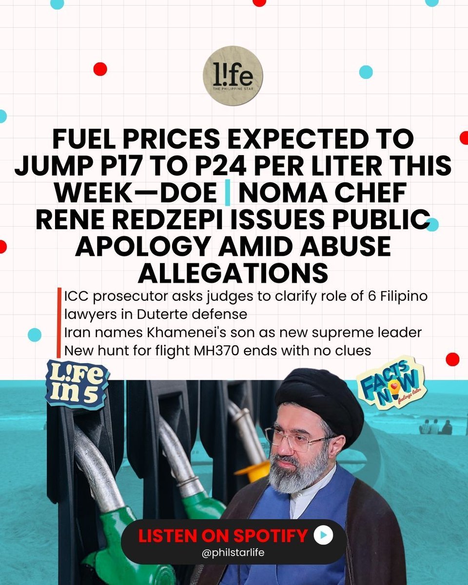 philstarlife's tweet photo. Get up to speed on the day’s biggest stories—from fuel price warnings by the Department of Energy to the latest in the Malaysia Airlines Flight MH370 mystery—in today’s #Lifein5.

🎧 Listen now on Spotify: https://t.co/9V4v7MkRg3 https://t.co/s9esHWqrZu