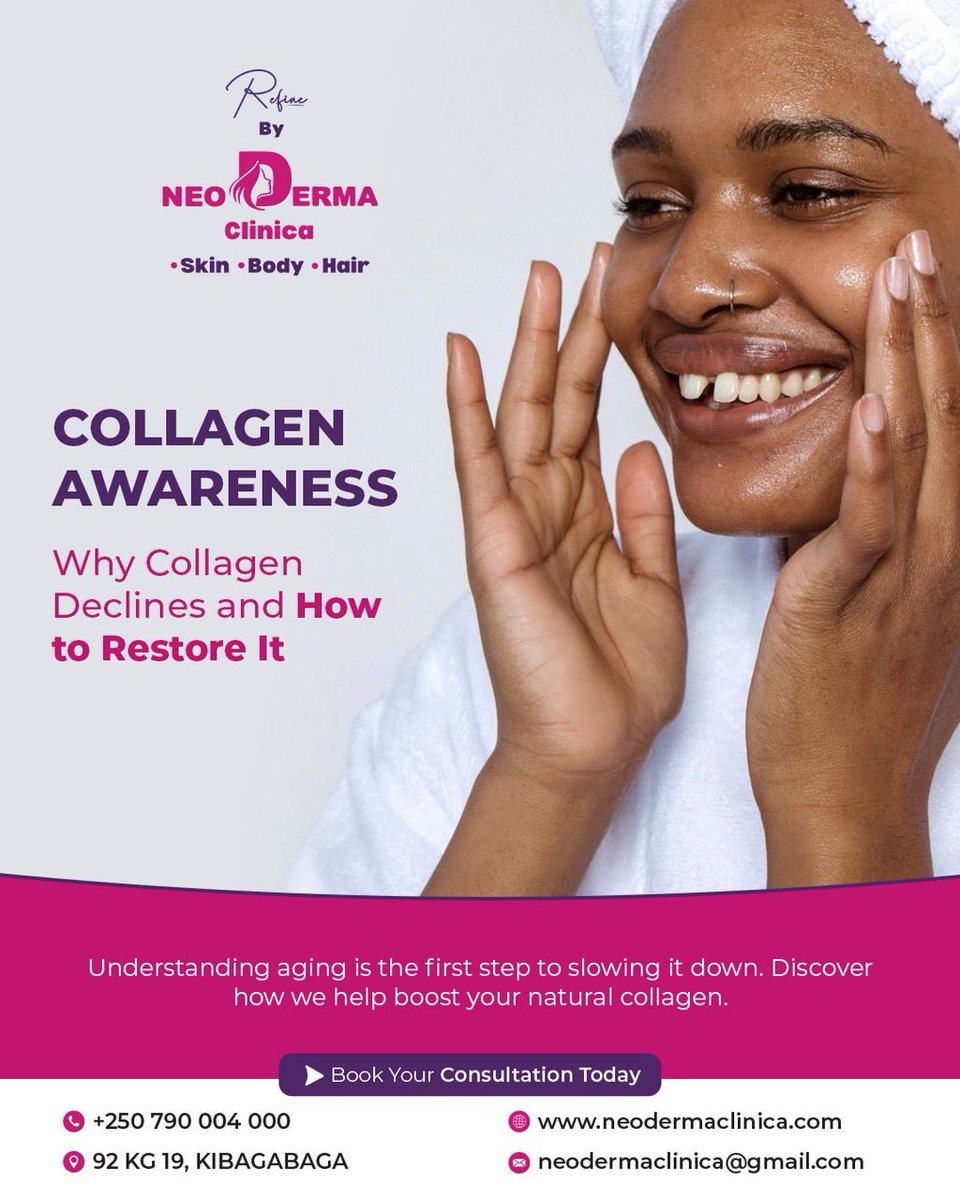 NeodermaKigali's tweet photo. Collagen keeps your skin firm, smooth, and youthful. As we age, it naturally declinesbut the right treatments can help restore it. Discover how we boost your skin’s natural collagen for a healthier glow. 
#CollagenAwareness #HealthySkin #Skincare #NeoDermaClinica #Kigali https://t.co/uj3GEq4MmX