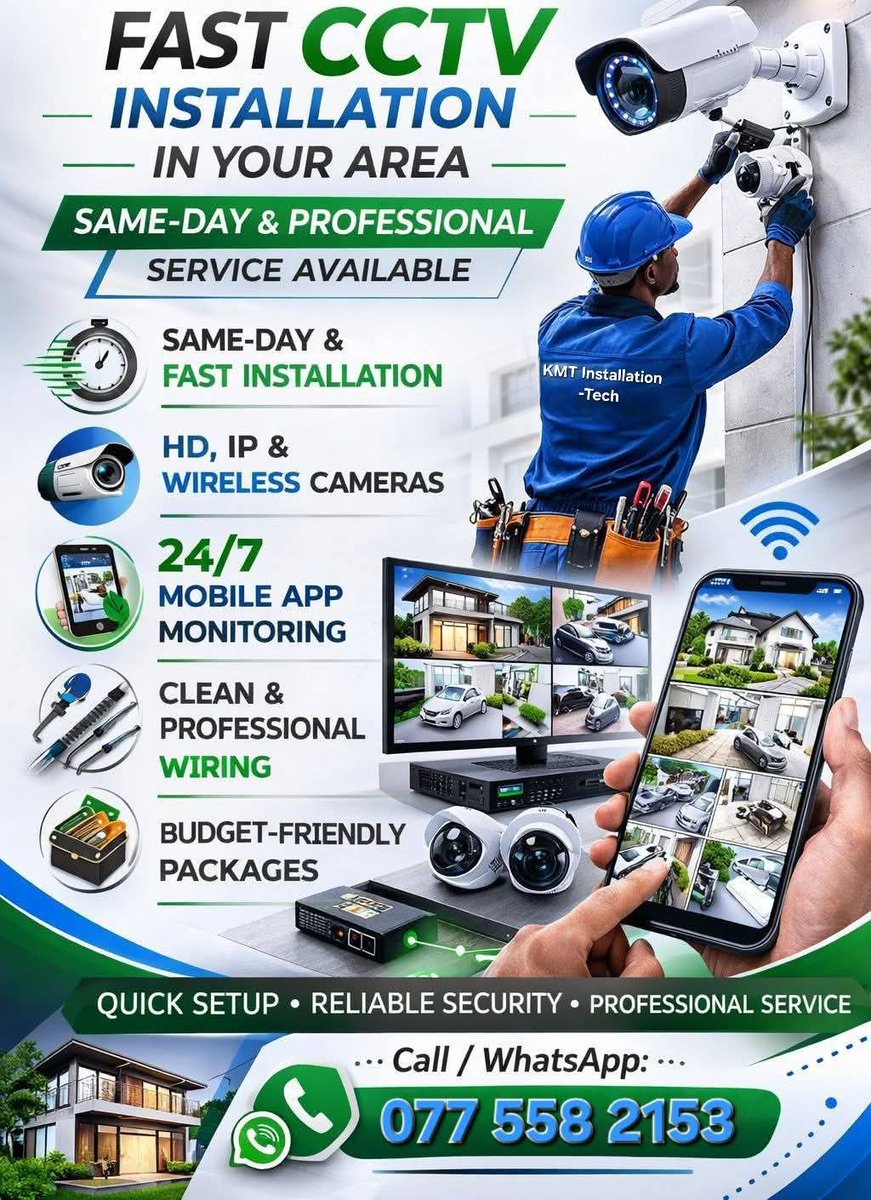MandariTakadiyi's tweet image. Secure your property with CCTV cameras! 📹
Expert installation by KMT Installation-Tech
Monitor remotely, deter crime &amp;amp; boost safety
Free consultation + quote! 📞 077 558 2153 | kudamandari@gmail.com 
#security 
#CCTVCamera
 #smartwork