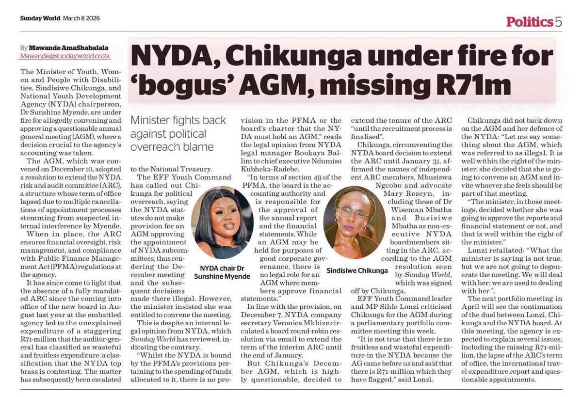NYDA SPOTLIGHT 

If it’s not useless trips to New York, it’s Bogus AGM’s and now there’s a missing R71m from the NYDA🤷🏾‍♂️🤷🏾‍♂️. 

Minister Sindisiwe Chikunga and the Chairperson must answer