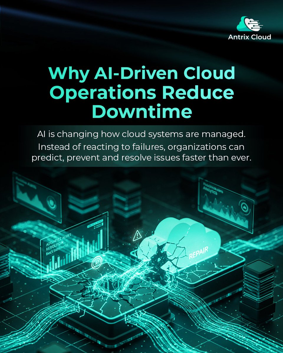 antrixcloud's tweet photo. Modern cloud infrastructure shouldn't wait for problems.

With AI-driven operations, systems can predict, respond and optimize automatically.

Result?
- Higher uptime
- Faster incident response
- Smarter resource management

Welcome to the future of cloud operations. https://t.co/kZdrMheMyo