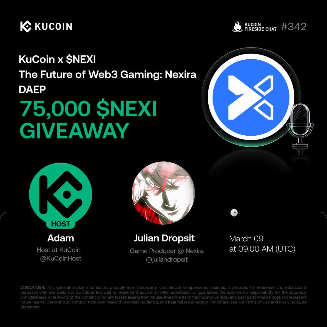 KUCOIN x NEXIRA AMA
🎁 75,000 $NEXI to win!

gleam.io/ROCEv/kucoin-x…
- SUBMIT KUCOIN UID