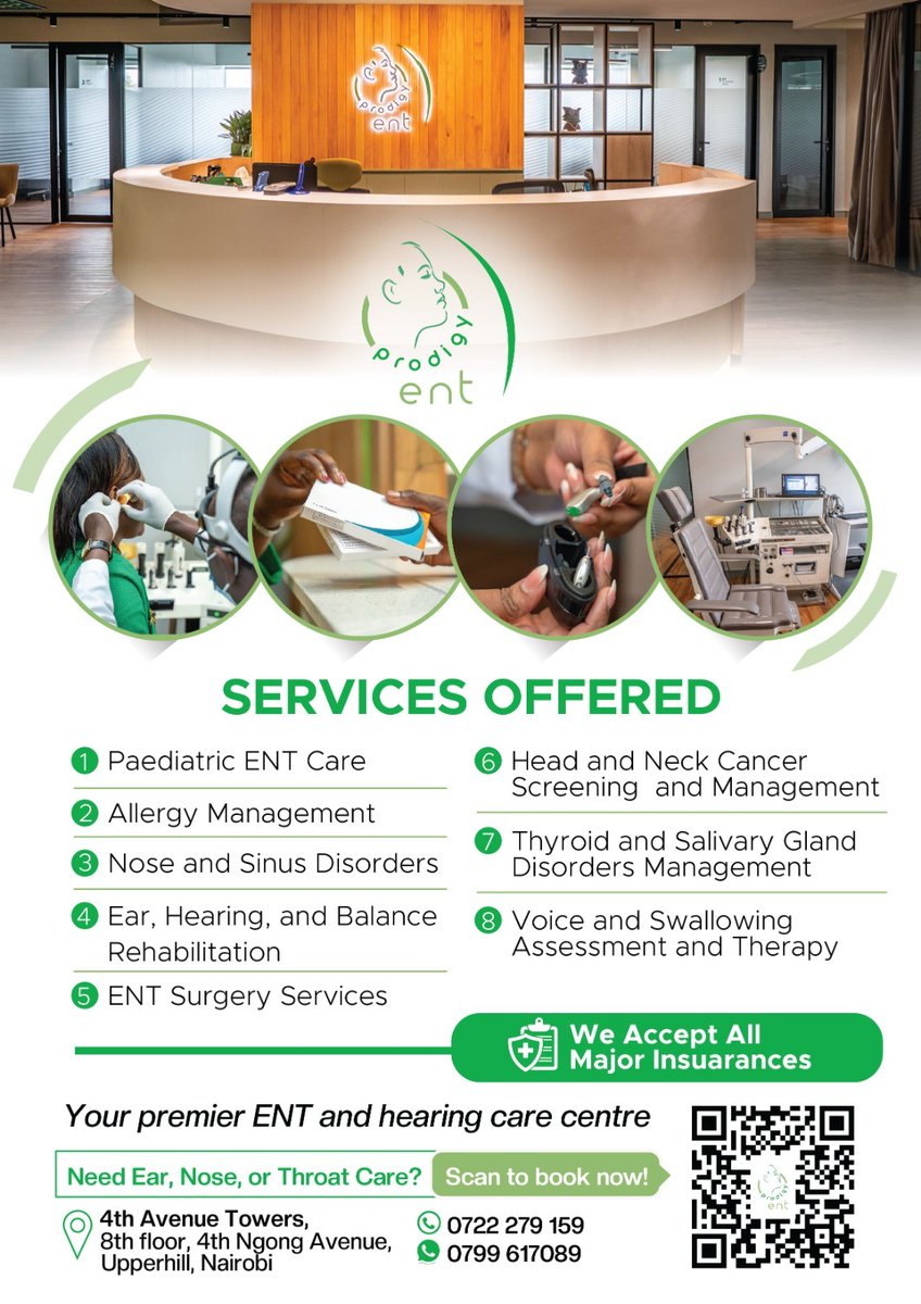 prod39404's tweet image. Ear, Nose, Throat or Hearing concerns? 👂👃
At Prodigy ENT &amp;amp; Hearing Specialist Centre, we provide expert diagnosis and treatment for ENT and hearing conditions.

📍 Upperhill, Nairobi
📞 0722 279159
💬 WhatsApp 0799 617089
#ENTcare #HearingHealth #ProdigyENT