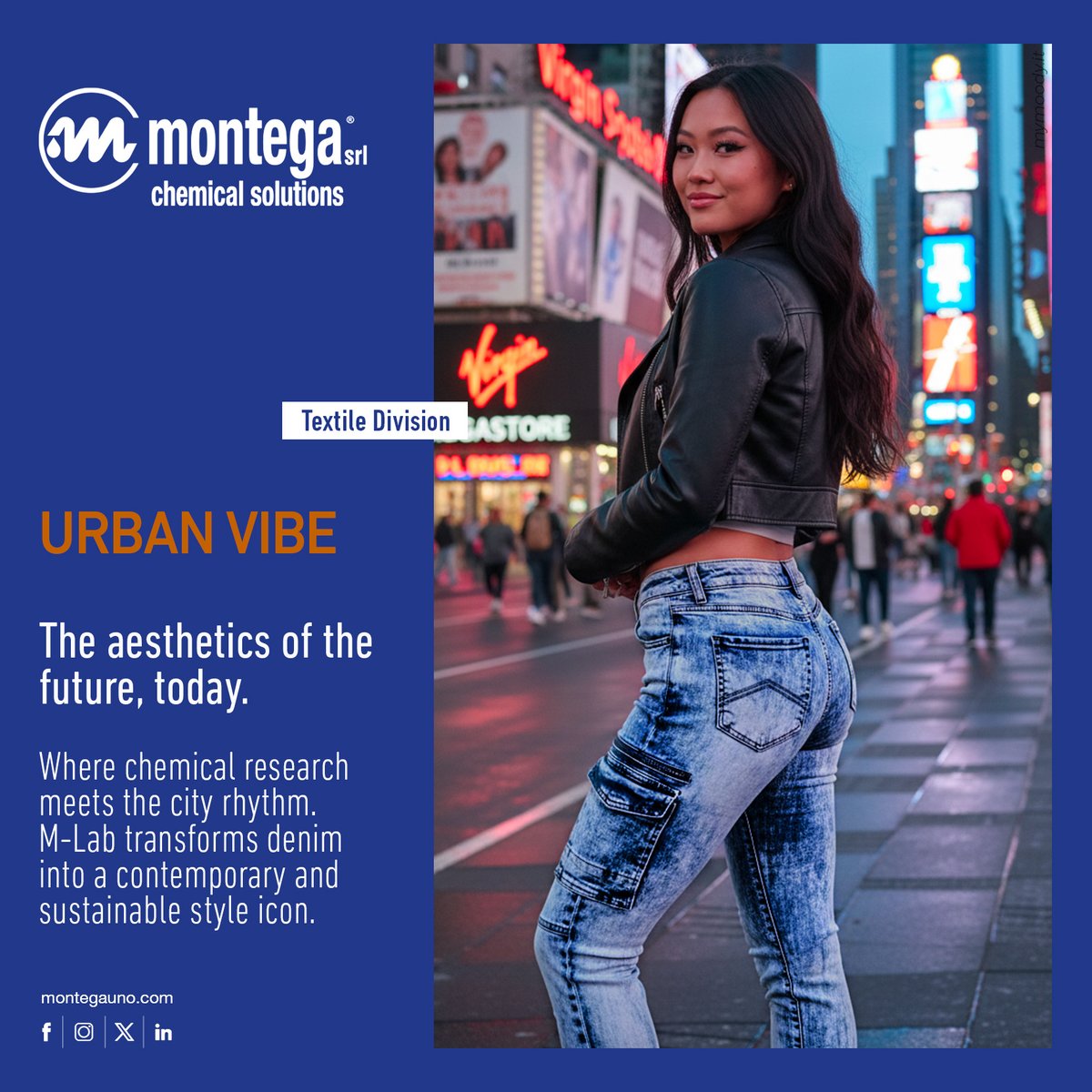 l_montega's tweet photo. The city never sleeps, and neither does our research. 
With the URBAN VIBE line, Montega’s Textile Division brings the aesthetics of the future to the streets of today.
Through the innovation of our M-Lab, we transform denim into a contemporary and sustainable style icon. https://t.co/HCGrLu5Lri