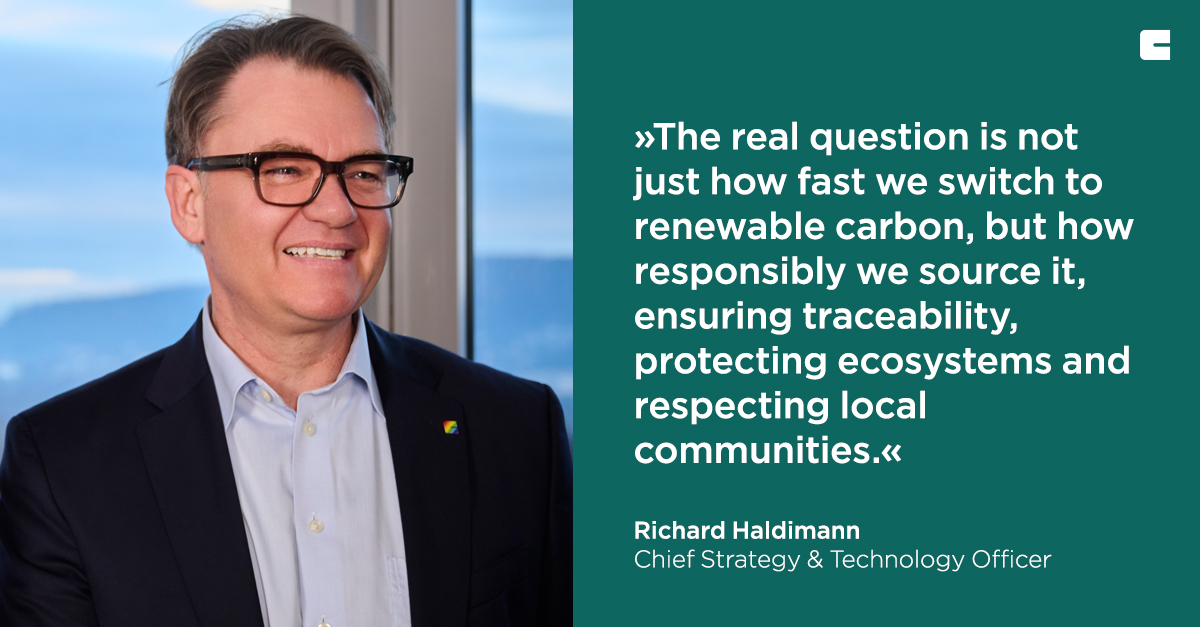 clariant's tweet image. At the @TheEconomist's Sustainability Summit, our CSTO Richard Haldimann, highlighted in the session “𝐍𝐚𝐭𝐮𝐫𝐞 𝐨𝐧 𝐭𝐡𝐞 𝐛𝐚𝐥𝐚𝐧𝐜𝐞 𝐬𝐡𝐞𝐞𝐭” that the shift from fossil to #RenewableCarbon is a defining transformation for the #ChemicalIndustry. He also emphasized that