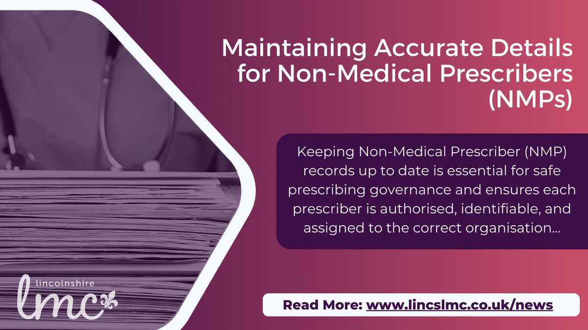 Keeping Non‑Medical Prescriber (NMP) records up to date is essential for safe prescribing governance and ensures each prescriber is authorised, identifiable, and assigned to the correct organisation.

Click here for more information
lincslmc.co.uk/maintaining-ac…

#LincsLMC