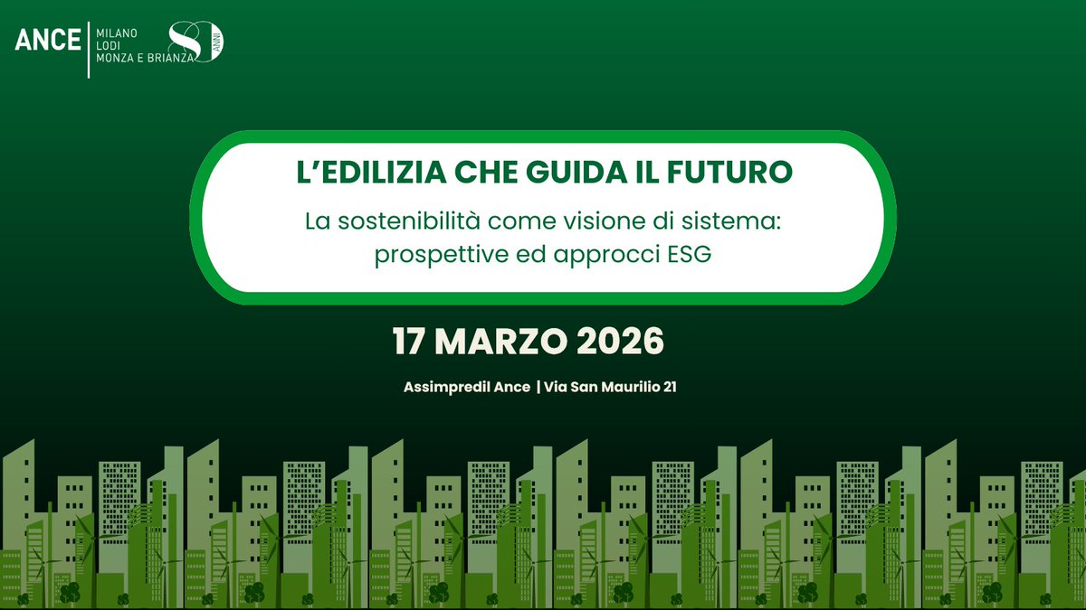 AnceMilano's tweet photo. 🌱 L’EDILIZIA CHE GUIDA IL FUTURO
 La sostenibilità come visione di sistema: prospettive ed approcci ESG. Assimpredil Ance promuove un momento di dialogo e confronto tra imprese e stakeholder: 
📅 Martedì 17 marzo
🕒 9.30 
📍 Milano, Via San Maurilio 21

Iscrizione obbligatoria. https://t.co/9KRDxgE7eg