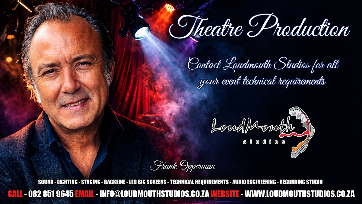 LoudmouthAudio's tweet photo. Bringing “Reünie” to life on stage!
Working with the iconic South African actor Frank Opperman on the exceptional theatre production “Reünie”, written by Dana Snyman is always an absolute privilege and we were incredibly blessed to have this opportunity once again recently. https://t.co/4iGGGHhCH4
