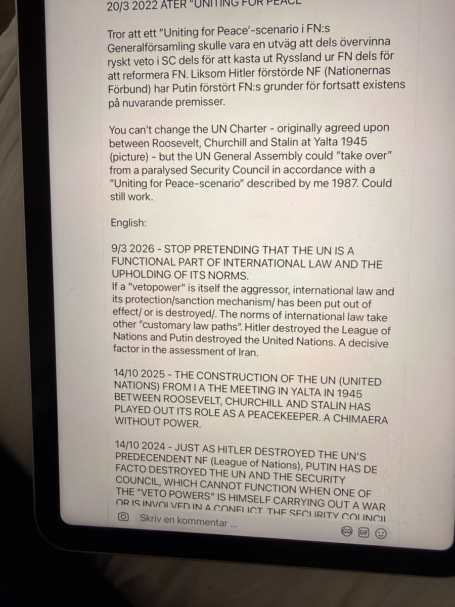 theutenberg's tweet photo. FN:s totala haveri påverkar folkrättens regler och färdriktning. Tomma folkrättsliga normer och påbud som inte upprätthålls av ett ”paralyserat säkerhetsråd” föranleder konsekvenser som dem vi ser i Iran - ett ingripande för ett ”lidande och förtryckt folk”. https://t.co/wBlq48IltP