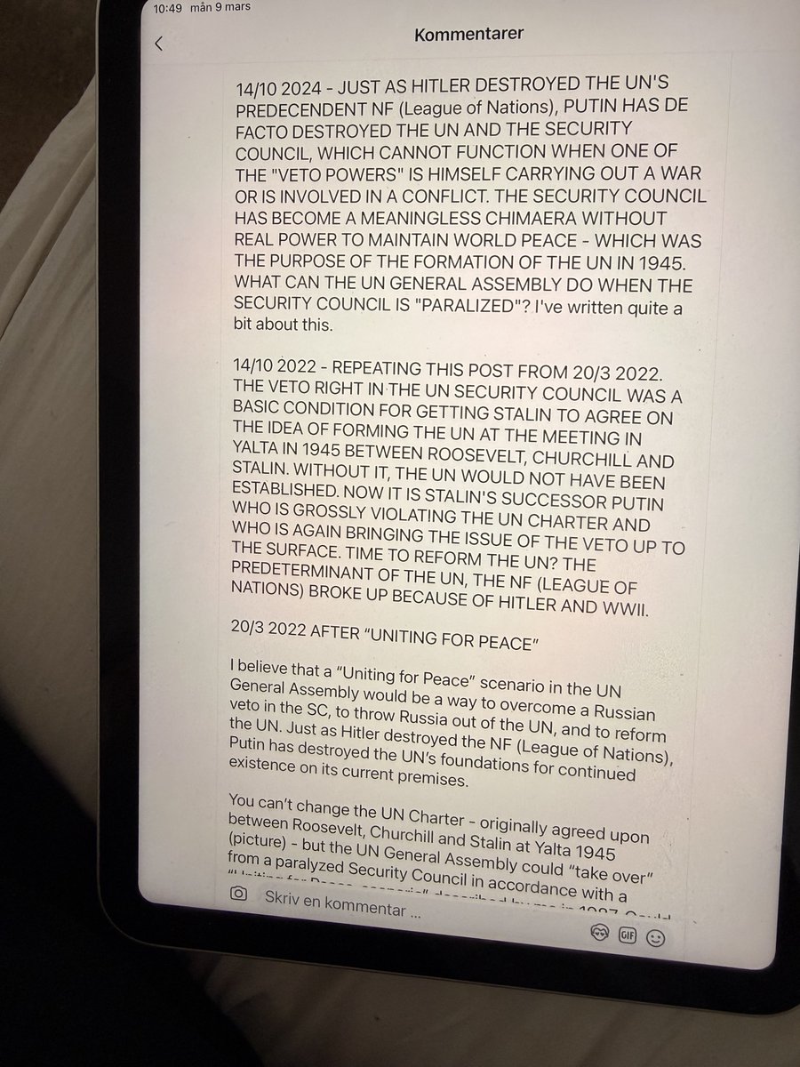theutenberg's tweet photo. FN:s totala haveri påverkar folkrättens regler och färdriktning. Tomma folkrättsliga normer och påbud som inte upprätthålls av ett ”paralyserat säkerhetsråd” föranleder konsekvenser som dem vi ser i Iran - ett ingripande för ett ”lidande och förtryckt folk”. https://t.co/wBlq48IltP