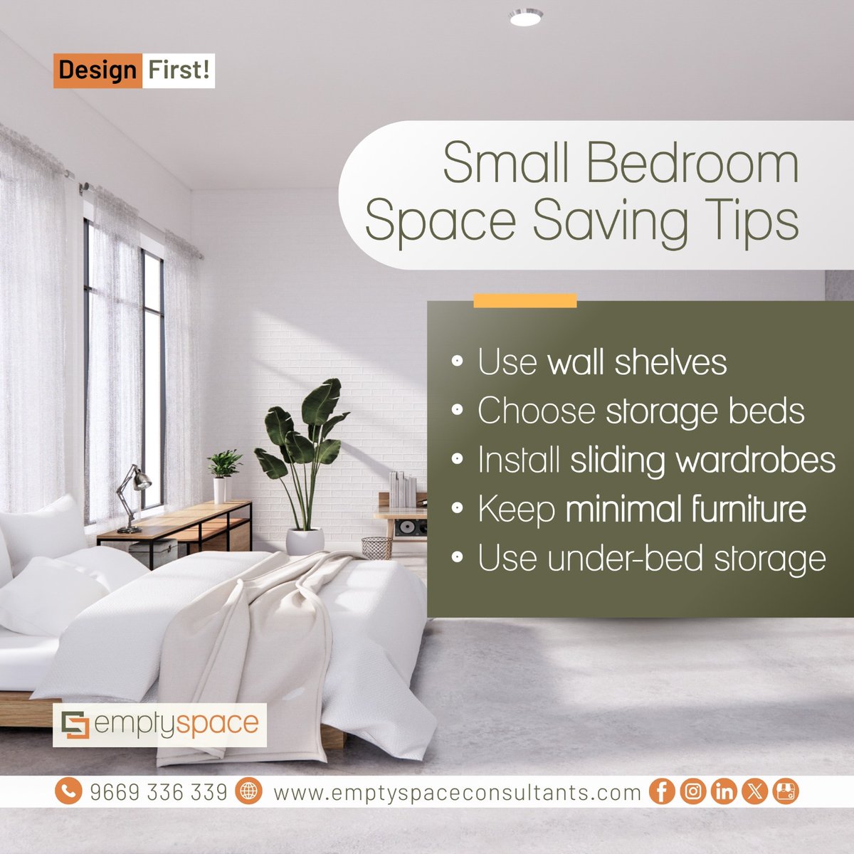 The_EmptySpace_'s tweet image. Small bedroom? Think smart design. 🛏️

✔ Wall shelves
✔ Storage beds
✔ Sliding wardrobes
✔ Minimal furniture
✔ Under-bed storage
Maximize space with smart interior planning.
🌐 emptyspaceconsultants.com
.
.
#InteriorDesign #SmallBedroom #SpaceSaving #HomeDesign #InteriorTips