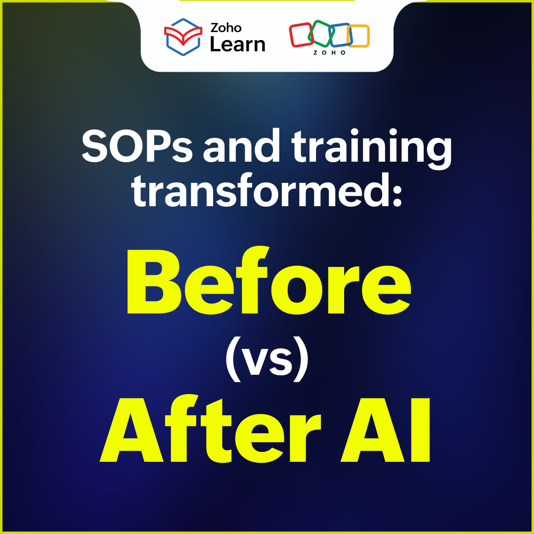 ZohoLearn's tweet image. Documentation and training is the backbone of a growing business, but it shouldn't feel like an all-consuming chore. With AI, you can go from blank screens to complete SOPs in record time. Check out how your life looks "Before vs After AI" in the post below.

#AIassistant #Zoho