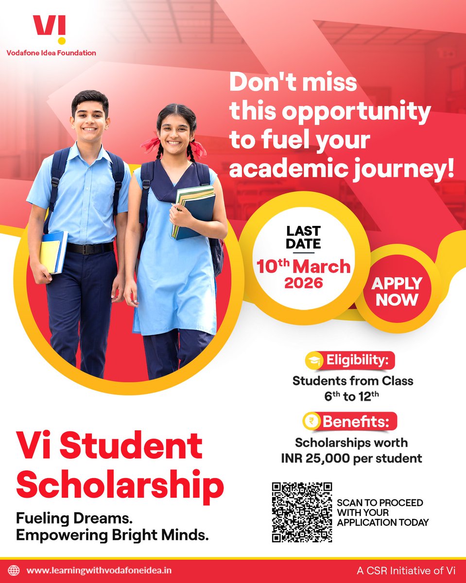 The Vi Student Scholarship by Vodafone Idea Foundation is here to help students from Class 6 to 12 continue their education with confidence and financial support.

💰 Scholarship: ₹25,000 per student
📅 Last Date: 10 March 2026
🖇️ Application Link: learningwithvodafoneidea.in/applicationFor…