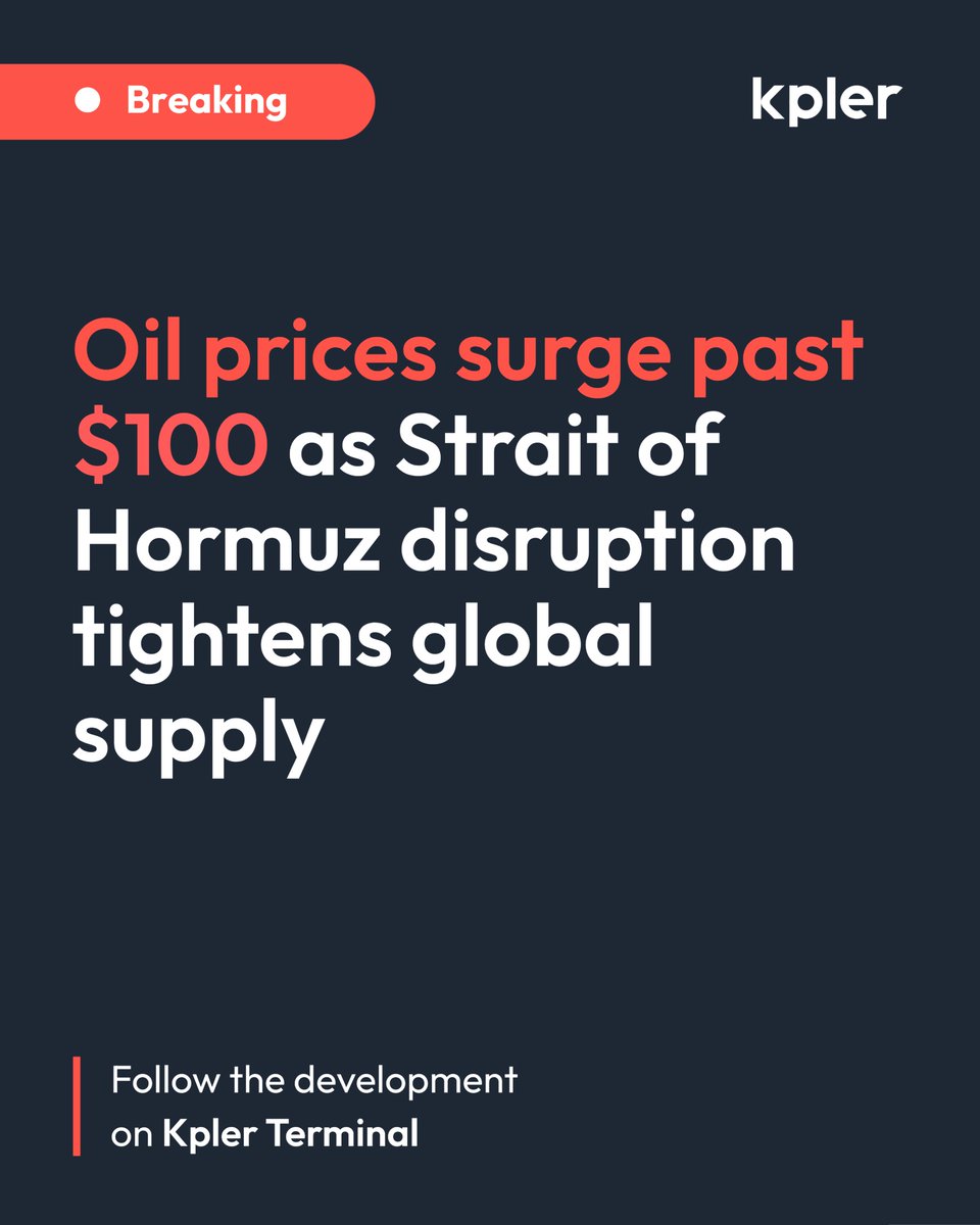 Kpler's tweet image. Oil surges above $100

Crude prices have climbed above $100 a barrel as prolonged disruption in the Strait of Hormuz restricts Middle Eastern exports and tightens global supply expectations. #Tanker traffic through the strait remains bare minimal with a risker manoeuvre by