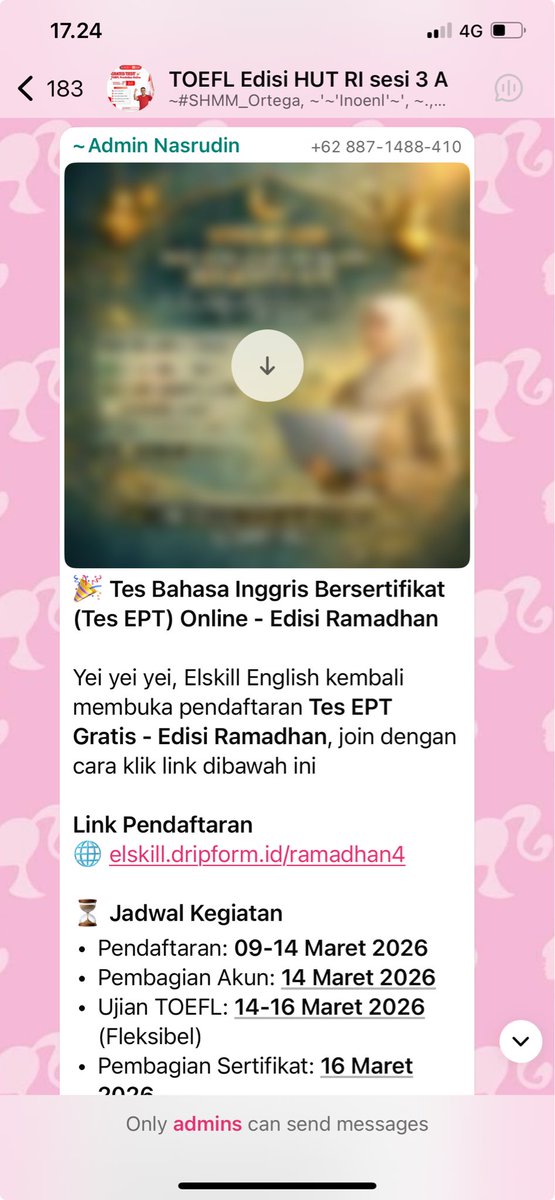 sshassya's tweet photo. Bahkan sekarang coba tes toefl dan belajar toefl udah banyak yang gratis, tinggal cari aja kok. Ini aku join salah satu grupnya, cuman ngeluari waktu dan kuota. So, stop using "poor" as an excuse. https://t.co/rcz6HF8FfD
