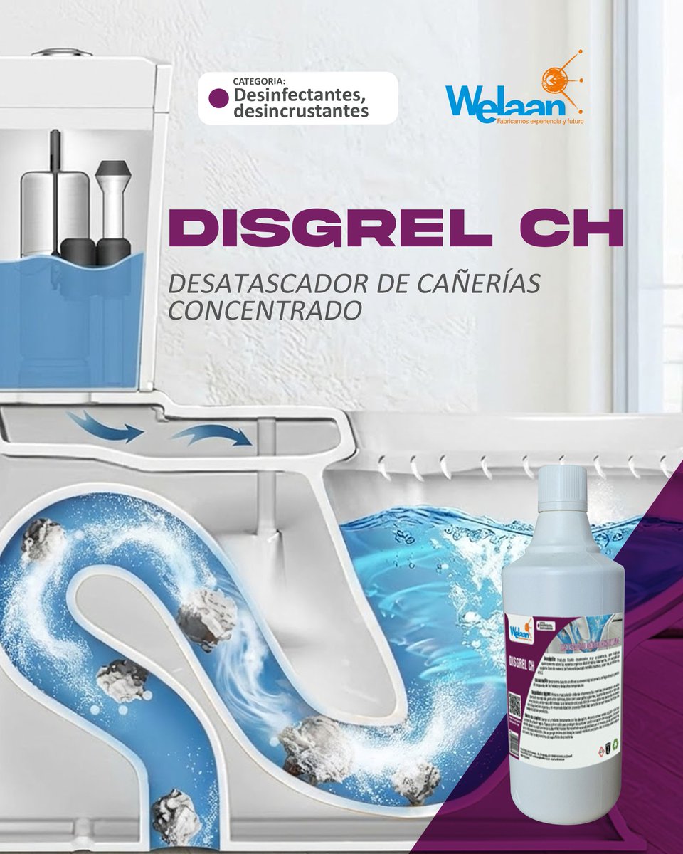 Welaan's tweet photo. 💧 DISGREL CH – Desatasco potente y seguro
Olvídate de los atascos difíciles. Este es un desatascador líquido ultra concentrado que disuelve materias orgánicas rápidamente sin dañar tus tuberías (excepto aluminio o antimonio).
Eficacia y rapidez para tu fontanería.
#Welaan https://t.co/ZWlhMzH9oG
