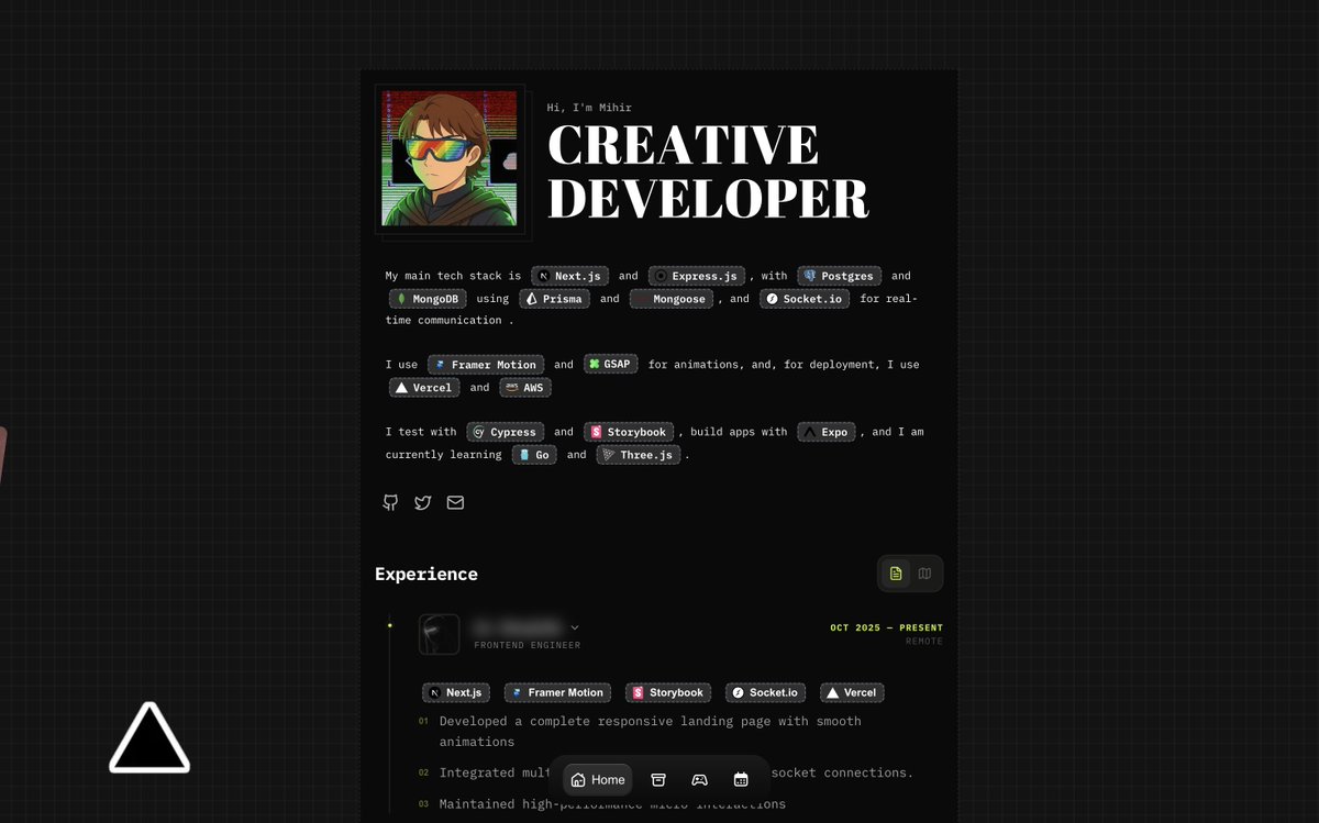 mihirtwt's tweet photo. Just made my new portfolio live, 

took a lot if inspiration from various websites, will share those soon.

made using @nextjs  and @motiondotdev  check it out. https://t.co/bbKafduz1K