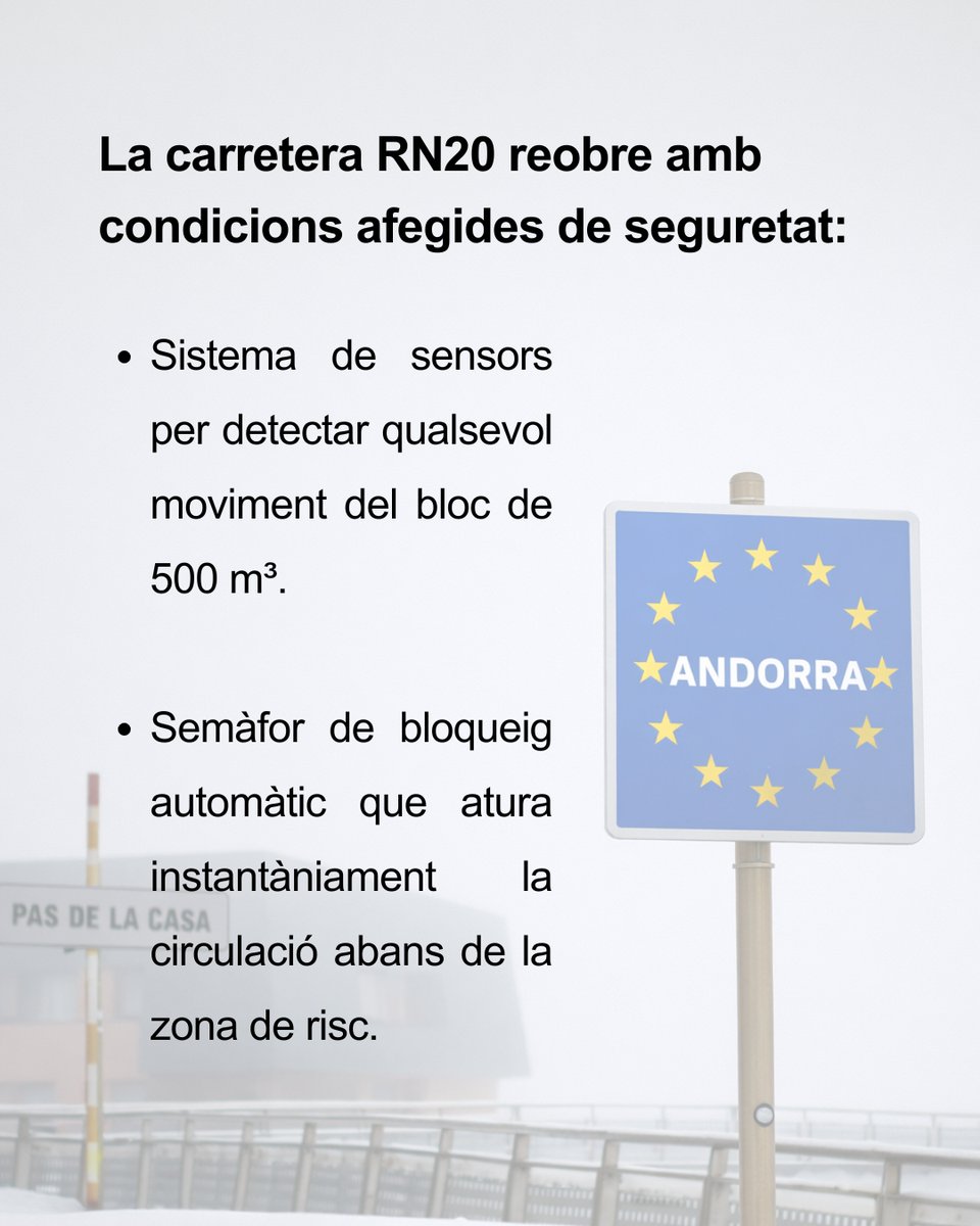 Mobilitat_AND's tweet photo. La carretera RN20 reobre al trànsit amb condicions afegides de seguretat, després del seu tancament a conseqüència d’una esllavissada. 🇦🇩🇫🇷 https://t.co/IO6qrxuOs7