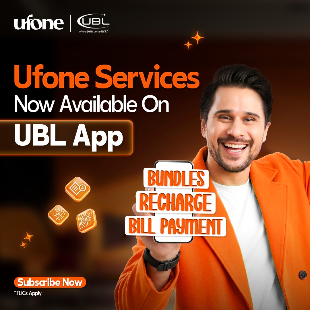 Ufone's tweet image. Your favorite Ufone services are now available on the UBL App.🥳
Now subscribe to bundles, recharge and pay bills directly on the UBL App.
So, log in to the UBL App and enjoy seamless Ufone services.

#Ufone #UBL