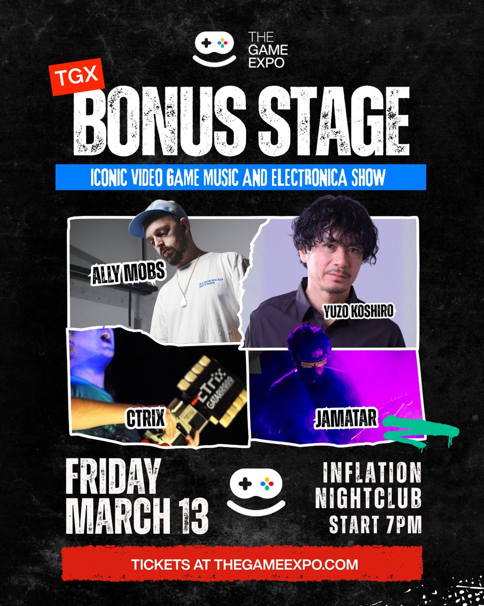 TheGameExpo's tweet photo. Don't miss the night life action of #TGX with the TGX Bonus Stage + After Party bundle ticket NOW AVAILABLE!

The TGX Bonus Stage is headlined by @yuzokoshiro 🇯🇵, featuring Ally Mobbs 🇬🇧, @ctrix64 🇦🇺, & Jamatar 🇦🇺
Don't miss the tunes! Grab your tickets now
https://t.co/teVza1u4Ys