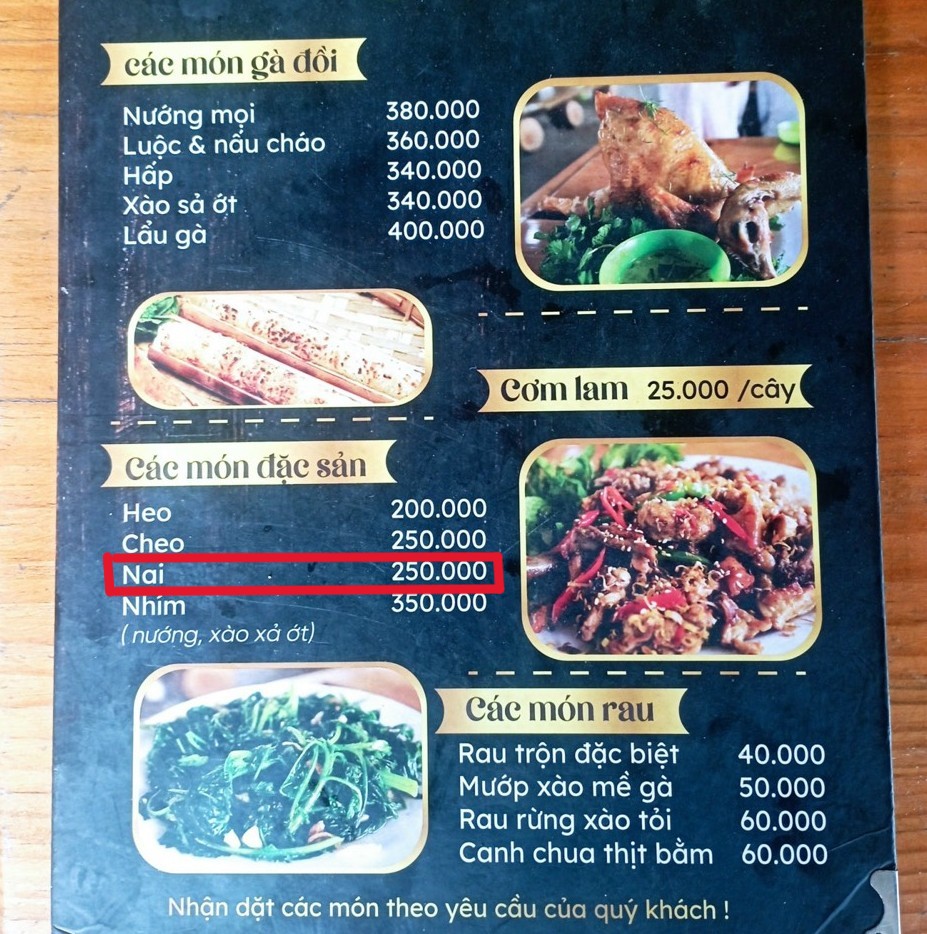 Feb 11, 2025: Acting on a citizen report via the ENV Wildlife Crime Hotline, authorities in Lam Dong found 15 kg of illegal deer meat at a local restaurant in Da Lat. The restaurant was fined VND 3,750,000 (~USD 142) and ordered to remove all wildlife items from its menu.