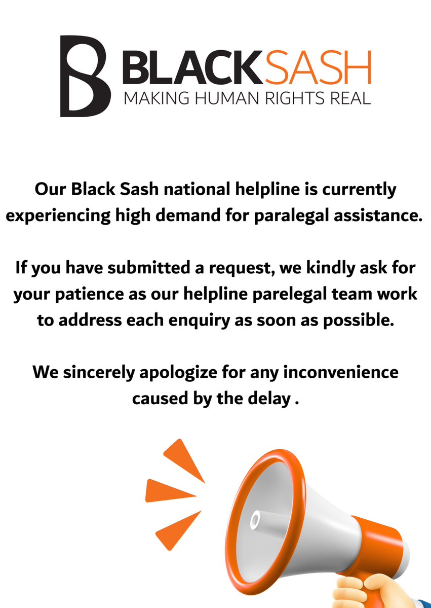 Our Black Sash National Helpline is experiencing a high volume of requests. Please be patient while our paralegal team responds to enquiries. Thank you for your understanding.
#blacksash
