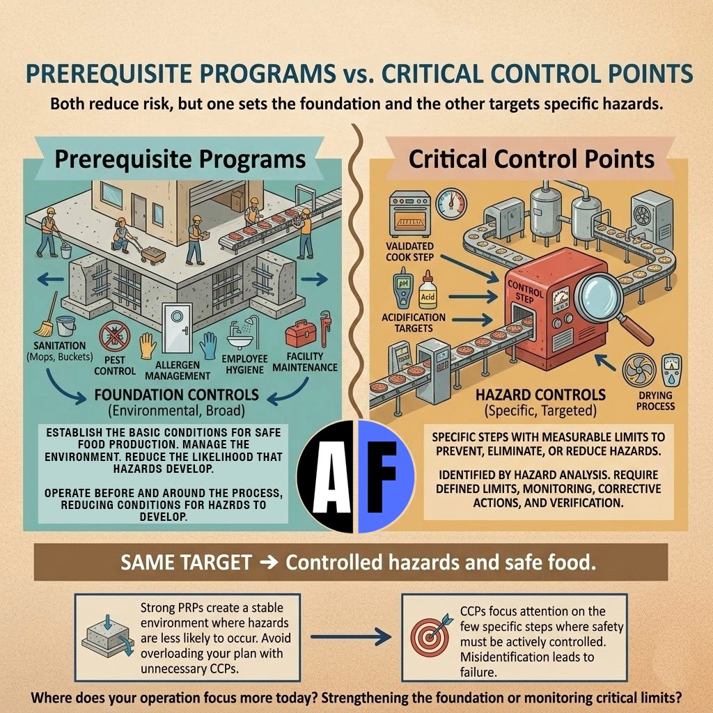 RPs vs. CCPs: Know the difference. 🛡️

🏠 PRPs (Prerequisite Programs) manage the environment: think sanitation &amp; hygiene. They stabilize the foundation.

🎯 CCPs (Critical Control Points) target specific hazards at a process step. They protect the product.

#FoodSafety #HACCP