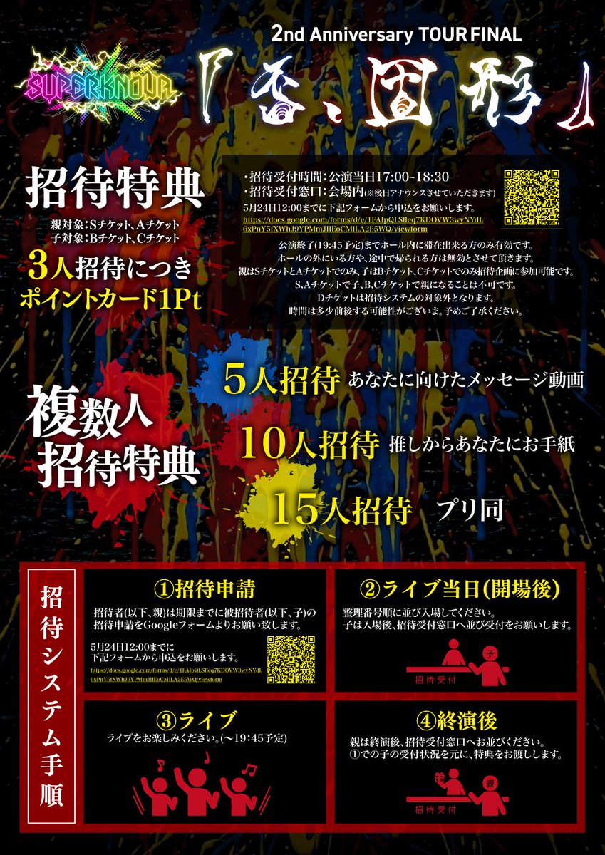 SPKV_Official's tweet photo. 🌟 ツ ア ー フ ァ イ ナ ル 情 報 解 禁 🌟

🗓2026年5月25日(月)
🎪恵比寿LIQUIDROOM
📌2nd Anniversary TOUR FINAL ｢否、固形」
🕰OPEN17:00 / START18:00
🎫S¥10,000 / A¥5,000 / B¥2,600 / C¥2,000 / D¥600 ※各D代別
入場順：S→A→B→C→D→当日
🔗URL：https://t.co/m6m7TO2VRe

🎫チケット概要🎫
【チケット種別】
■Sチケット¥10,000 (TicketDive 抽選・先着)
①優先入場
②特典会ファストパス
③ポイントカード2Pt
④アフターワンマン前売チケット(5/26青山RizM)
⑤パスステッカー
⑥限定タオル
⑦スタンプラリー押印

■Aチケット¥5,000 (TicketDive 抽選・先着)
①優先入場
②特典会ファストパス
③ポイントカード1Pt
④パスステッカー
⑤スタンプラリー押印

■Bチケット¥2,600 (TicketDive 先着)
※招待専用電子チケット
※D代込

■Cチケット¥2,000(会場手売)
※招待専用紙チケット

■Dチケット¥600(TicketDive 先着)
①パスステッカー
※D代込

【チケット販売日】
Sチケット・Aチケット共通
抽選：2026年3月9日20:00-3月16日23:59
先着：2026年3月17日10:00-

Bチケット・Dチケット共通
先着：2026年3月17日11:00-

Cチケット
SUPERKNOVA定期公演(3,4,5月)OPEN前に手売り販売/他

⭐招待特典
親対象：Sチケット、Aチケット
子対象：Bチケット、Cチケット

3人招待につきポイントカード1Pt

☆複数人招待特典
5人招待 あなたに向けたメッセージ動画(後日DMにて送信)
10人招待 推しからあなたにお手紙
15人招待 プリ同