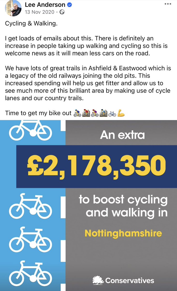 Hi <a href="/LeeAndersonMP_/">Lee Anderson MP</a>, just seen your post on Facebook moaning about cycle lanes and how the Tories were more interested in it than potholes.

You were those Tories, in Nottinghamshire. Here's one of your posts to jog your terrible memory.

On your bike, Lee.🚴