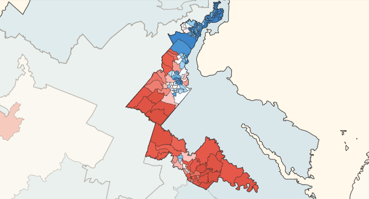 VaNewsVanguard's tweet photo. 🚨Behold another bizarre Va. Democrat-gerrymandered district: the eel! The 125-mile-long, thin eel splits counties & violates the Va. Constitution's compactness mandate. Democrats again reached up into crowded "blue" Northern Va. to grab enough Democrats to outnumber the Republican voters downstate. 🔥Vote NO to Democrat gerrymandering!🔥
