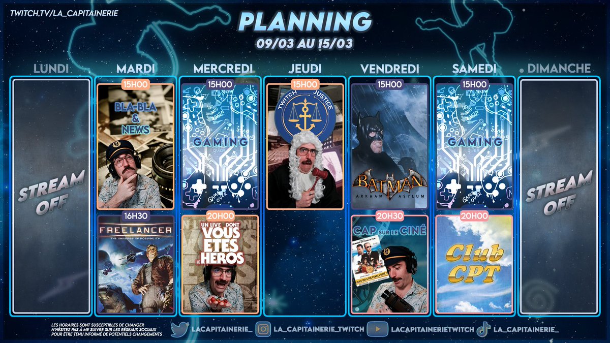 LaCapitainerie_'s tweet image. Planning des live Twitch du Lundi 09 Mars au Dimanche 15 Mars 🔥

React / Live Dont Vous Êtes le Héros / Le retour de Batman / Freelancer et Club CPT 📺

➡️Twitch / la_capitainerie 
#twitch #twitchfr #freelancer #batman #cosplay