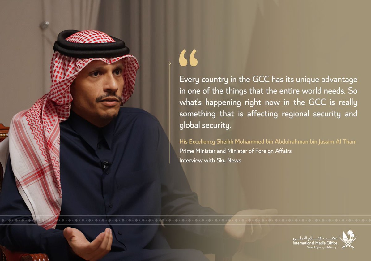 IMO_Qatar's tweet photo. During an interview with @SkyYaldaHakim on @SkyNews, HE the Prime Minister and Minister of Foreign Affairs of the State of #Qatar explained how what is happening in the region is affecting the global economy, security and stability. https://t.co/f5jSWD3Tnb