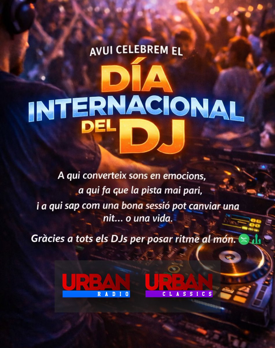 urb_radio's tweet photo. 🎉Avui celebrem a qui dona vida a la música.
Els DJs que seleccionen cada tema, creen l’ambient perfecte i ens fan vibrar a cada sessió.

Feliç Dia Internacional del DJ! 🙌🎧
#DiaDelDJ #UrbanRadio #UrbanClassics #DJ #Radio MusicaUrbana https://t.co/odkpTN8Fpm