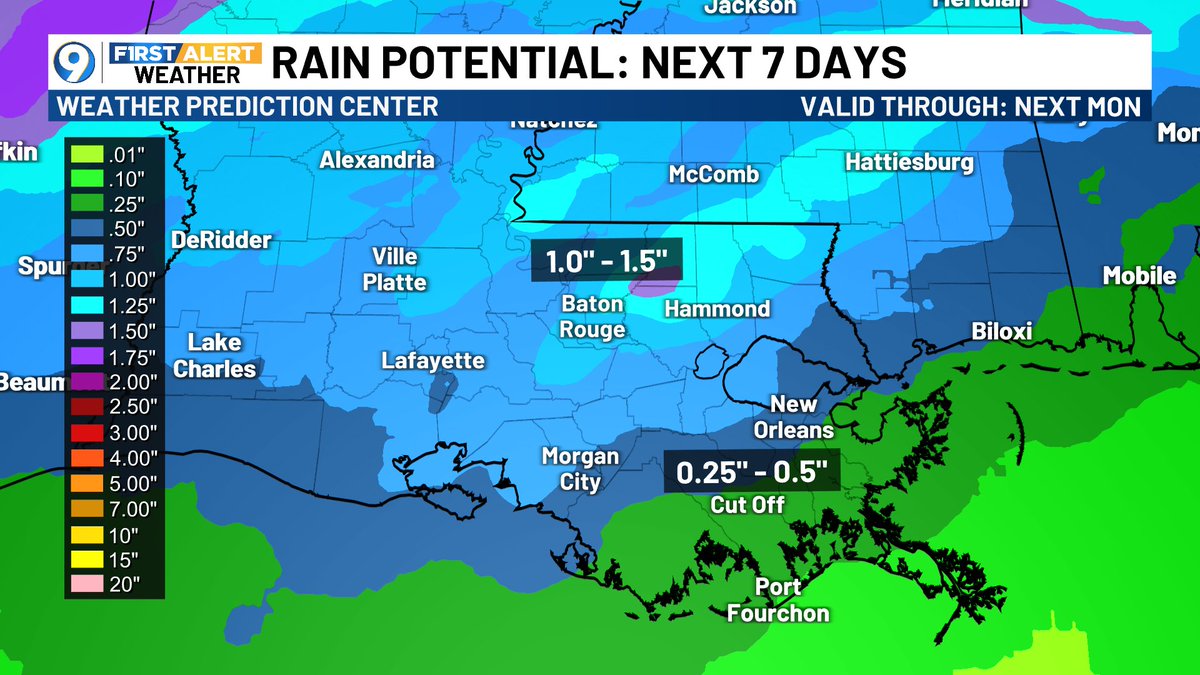 COLD FRONT ON THE WAY....This front will arrive late Wednesday and move through by early Thursday AM. This system will yield a good chance of showers/storms, with between a level one and level two risk of severe storms. An additional one to two inches possible.