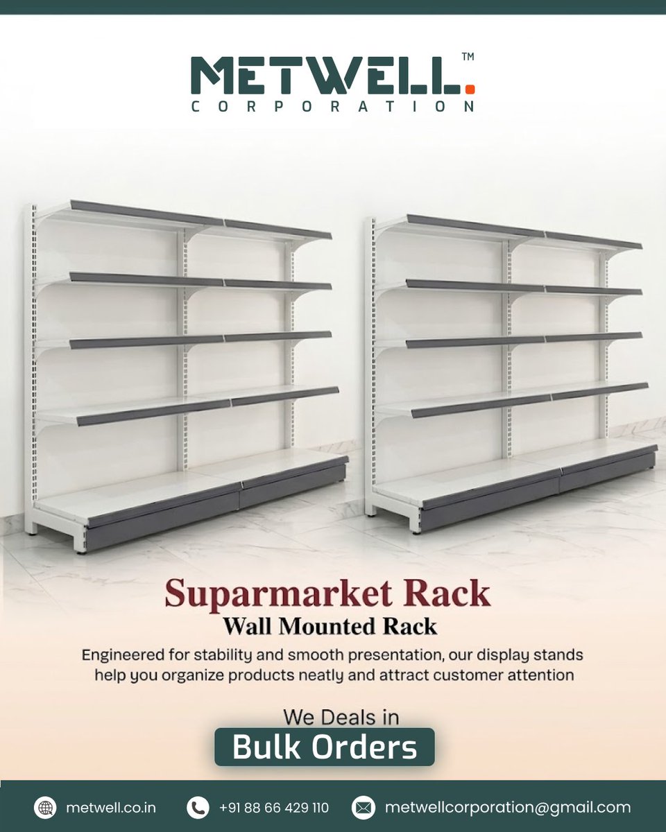 metwell_in's tweet image. Supermarket Rack Wall Mounted Rack Engineered for stability and smooth presentation, our display racks help you organize products neatly while attracting customer attention.  

#IntelligentStorage #SteelSolutions #SpaceSaver #MetwellCorporation #IndustrialRacks #HeavyDutyStorage