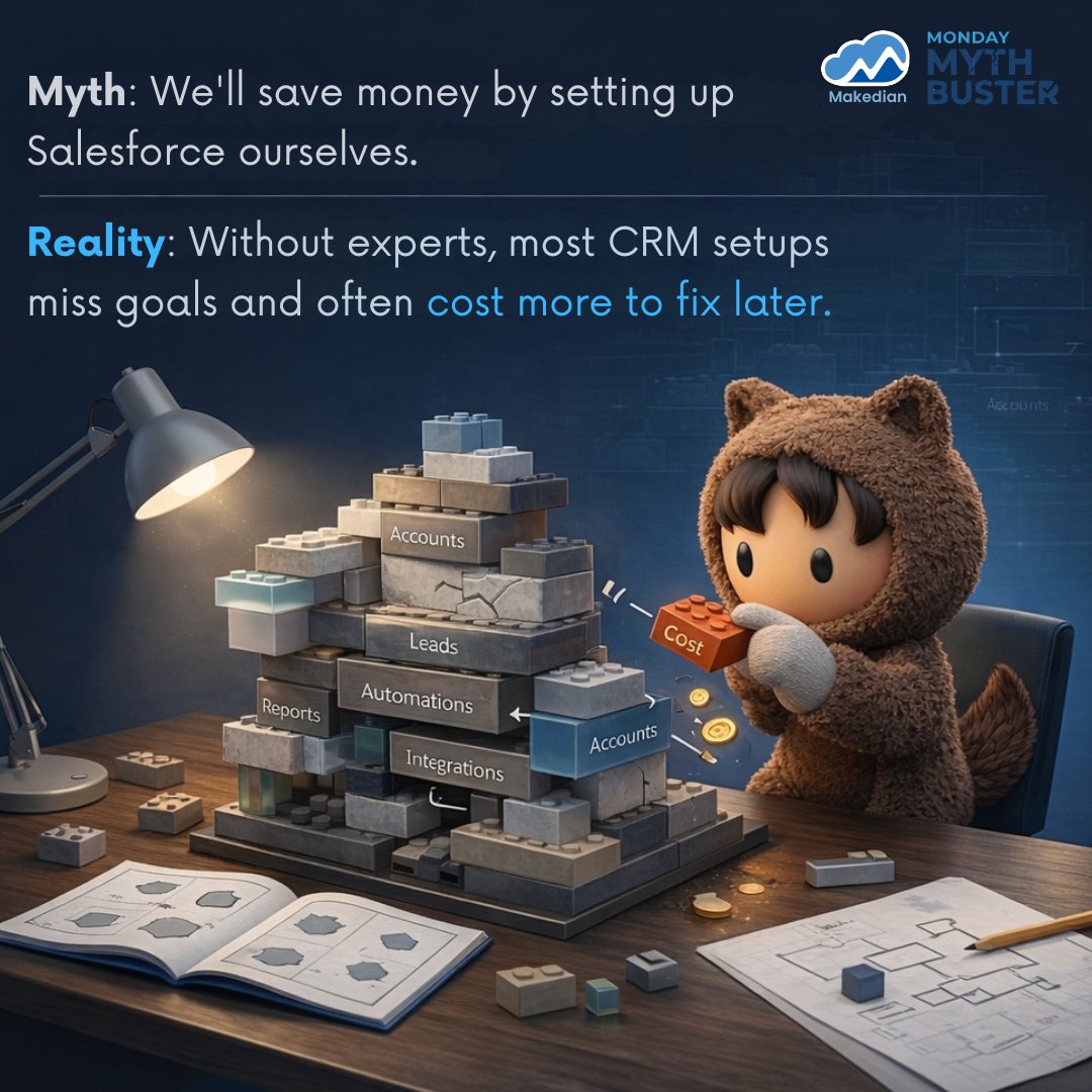 makediansoftech's tweet photo. Myth Busted: Think DIY Salesforce saves cash? Think again!
Without pros, setups flop—messy data, poor integrations, and endless fixes rack up bigger bills long-term.
#SalesforceTips #SalesforceImplementation #SalesforceConsulting #CRMStrategy #makediansoftechsolutions https://t.co/iZYiQa8GMm