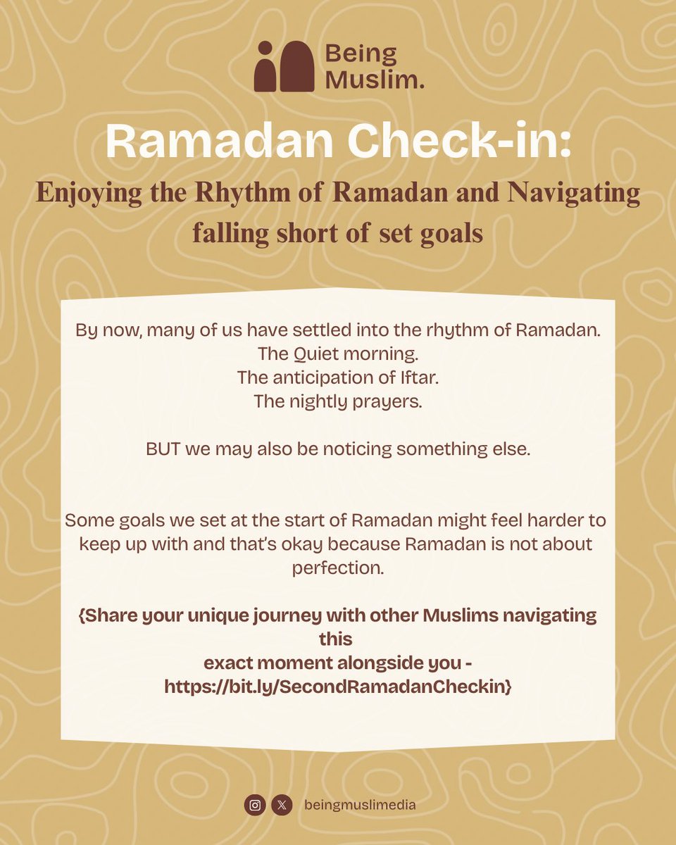 Here’s Another Check-In Form!🎉
.
How have the last 20 days panned out? Meeting those goals? Slacking like most of us have? And how do you plan to finish the remaining 10 days stronger?☪️
.
Share your thoughts with other Muslims 💭🫂 - bit.ly/SecondRamadanC…