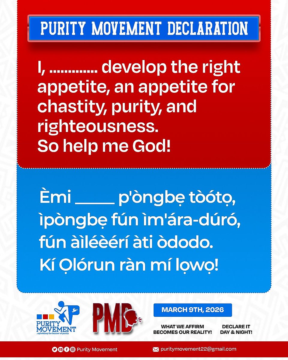 puritymovementt's tweet photo. Purity Movement Declaration (PMD)🗣️🗣️🗣️ | March 9, 2026.

#declaration
#affirmation
#PurityMovement
#Jesusbeglorified
#Lightbebroughttoallmen
#Thetreesofrighteousnessbeplanted
#spamedia https://t.co/GY4BYwH58r
