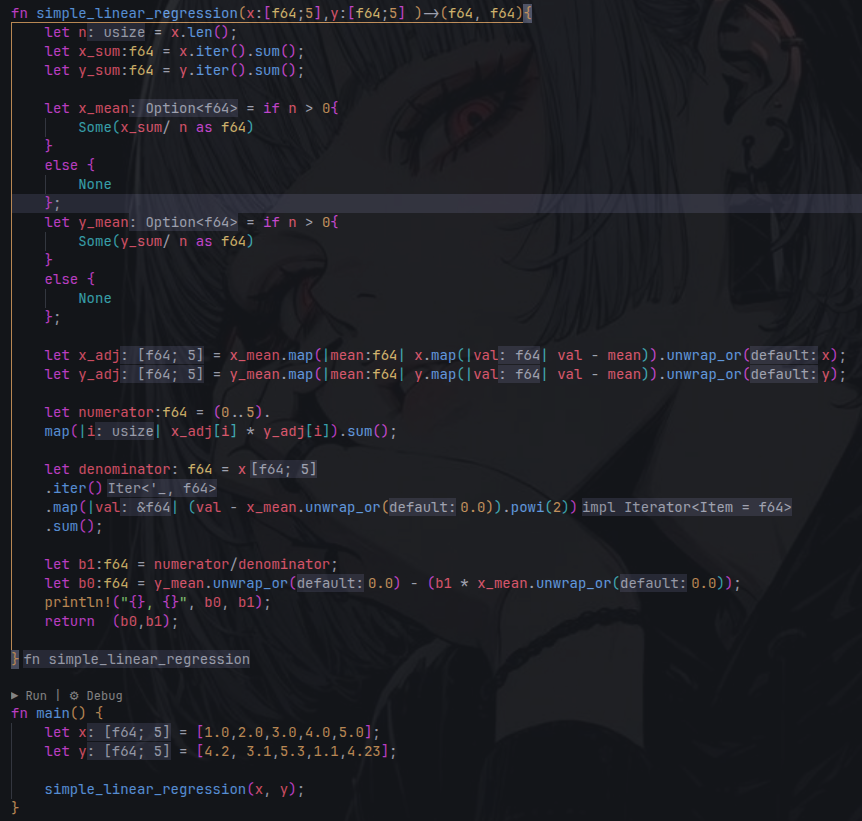 zayedansari2004's tweet photo. Implemented Simple Linear Regression from scratch in Rust (OLS).
Computing the coefficients b0,  b1 directly from the formula.
Rust’s map and iter pipelines took some getting used to really a big pain, but it was a fun exercise.

Will optimize it and keep building more ML implementations.