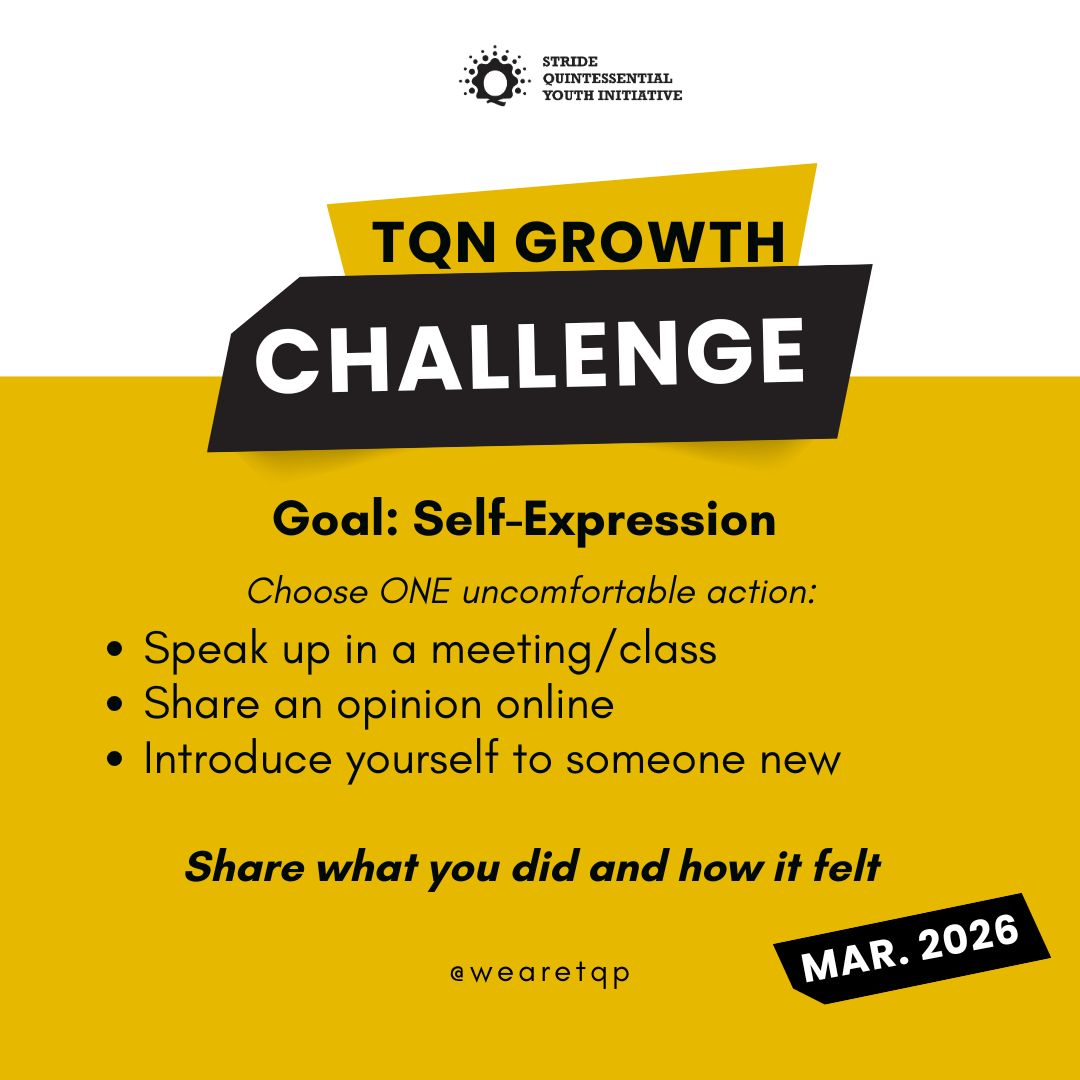 Growth happens when we step outside our comfort zone 

This month's TQN Growth Challenge is all about self - expression. Small steps can lead to big personal growth ✨️ 

We'd also love to hear from you on what you did 😁