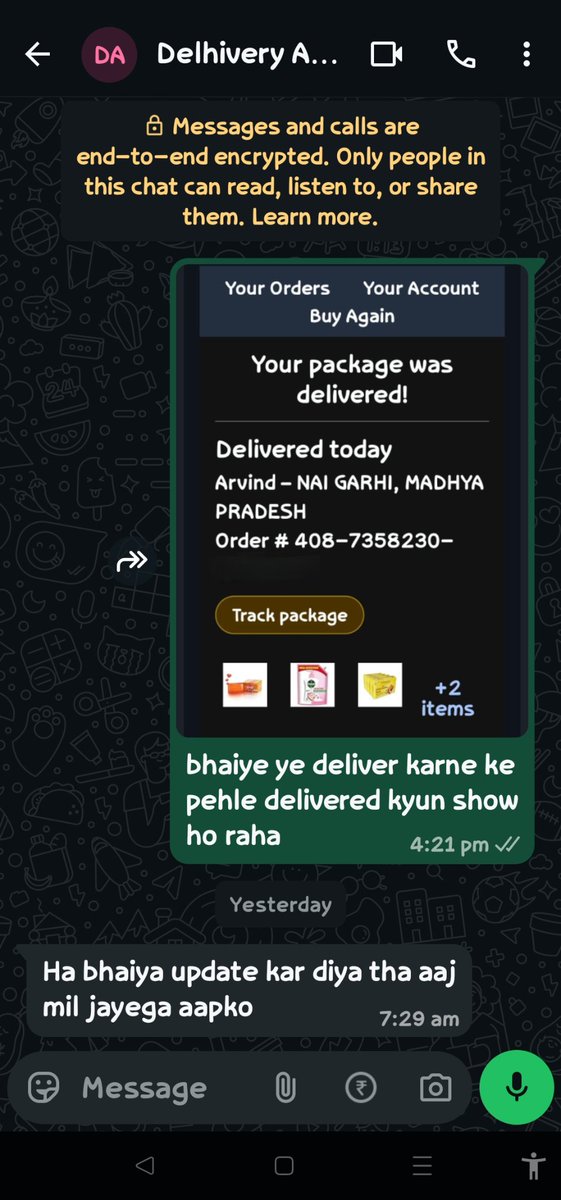 Arvind8906's tweet image. @AmazonHelp  @amazonIN  Order #408-7358230.. is still not delivered, but the status shows "Delivered." The delivery agent has been lying for 3 days. This is a clear case of "False Delivery." Take immediate action or initiate my refund #AmazonFraud #FalseDelivery #ConsumerRights