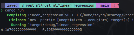 zayedansari2004's tweet photo. Implemented Simple Linear Regression from scratch in Rust (OLS).
Computing the coefficients b0,  b1 directly from the formula.
Rust’s map and iter pipelines took some getting used to really a big pain, but it was a fun exercise.

Will optimize it and keep building more ML implementations.
