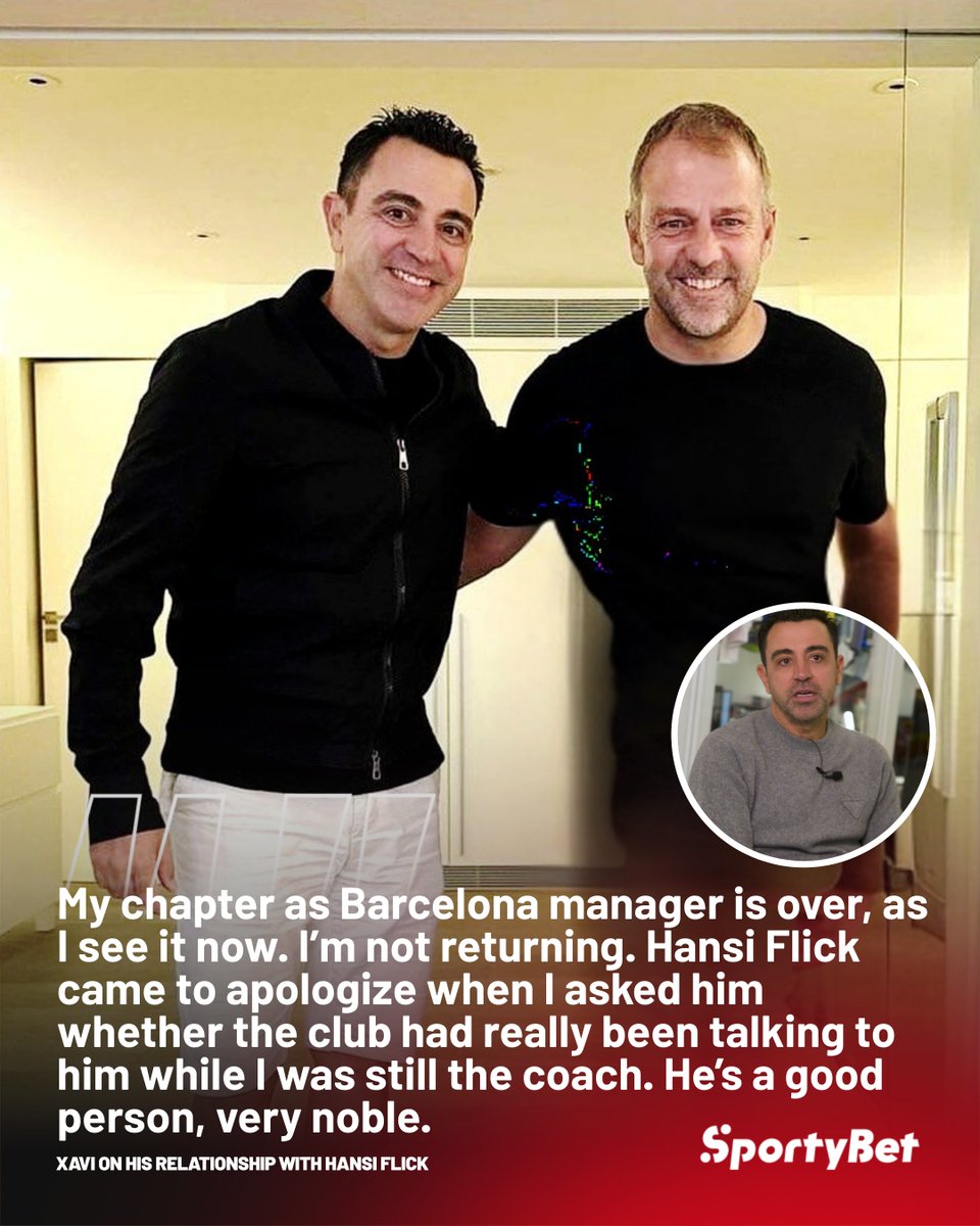 sportybetzm's tweet image. 🗣️ Xavi Hernandez told La Vanguardia that he has a very good relationship with the current manager of Barcelona, Hansi Flick, after he apologized to him for what happened before his sacking. 👀🔵🔴

#Xavi #HansiFlick #Laporta #Barcelona #LALIGA