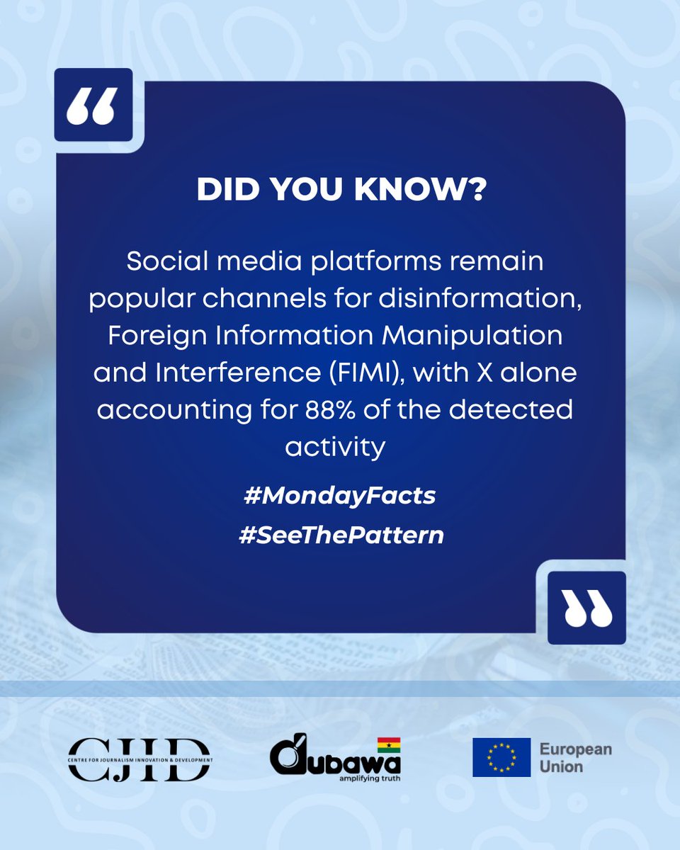 DubawaFacts's tweet image. Patterns of coordinated influence are often most visible on social media. Awareness helps build resilience.
Source: European External Action Service report (EEAS)
:
:
:
#SeeThePattern
#EUGhana
#CheckTheFacts
#MondayFacts
#StopFIMI
#SaveOurDemocracy